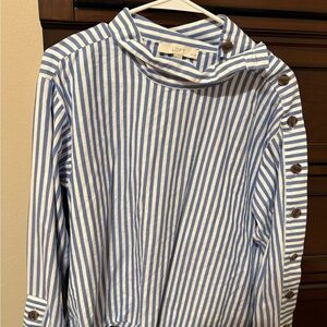 LOFT Blue and White Button-Accent Striped Blouse